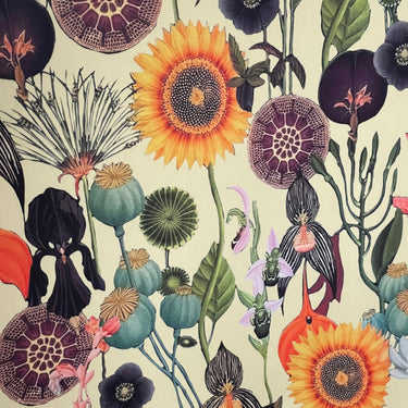 Botanical velvet fabric with poppies and sunflowers print